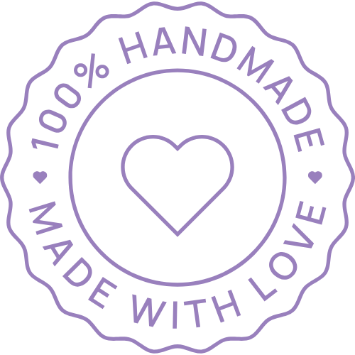 Purple '100% Handmade Made with Love' stamp with a heart in the center on a white background